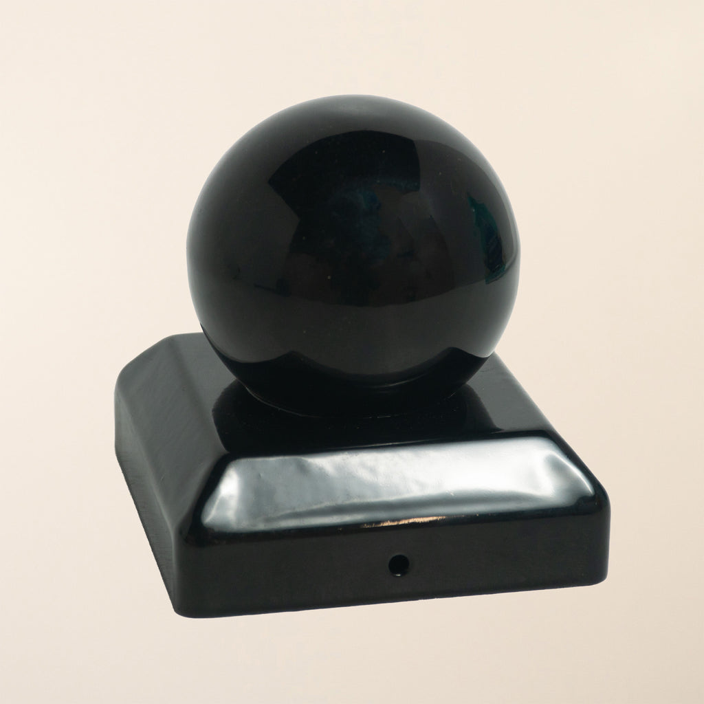 Epoxy Black metal post cap with decorative ball finial, designed to fit 100mm square posts 