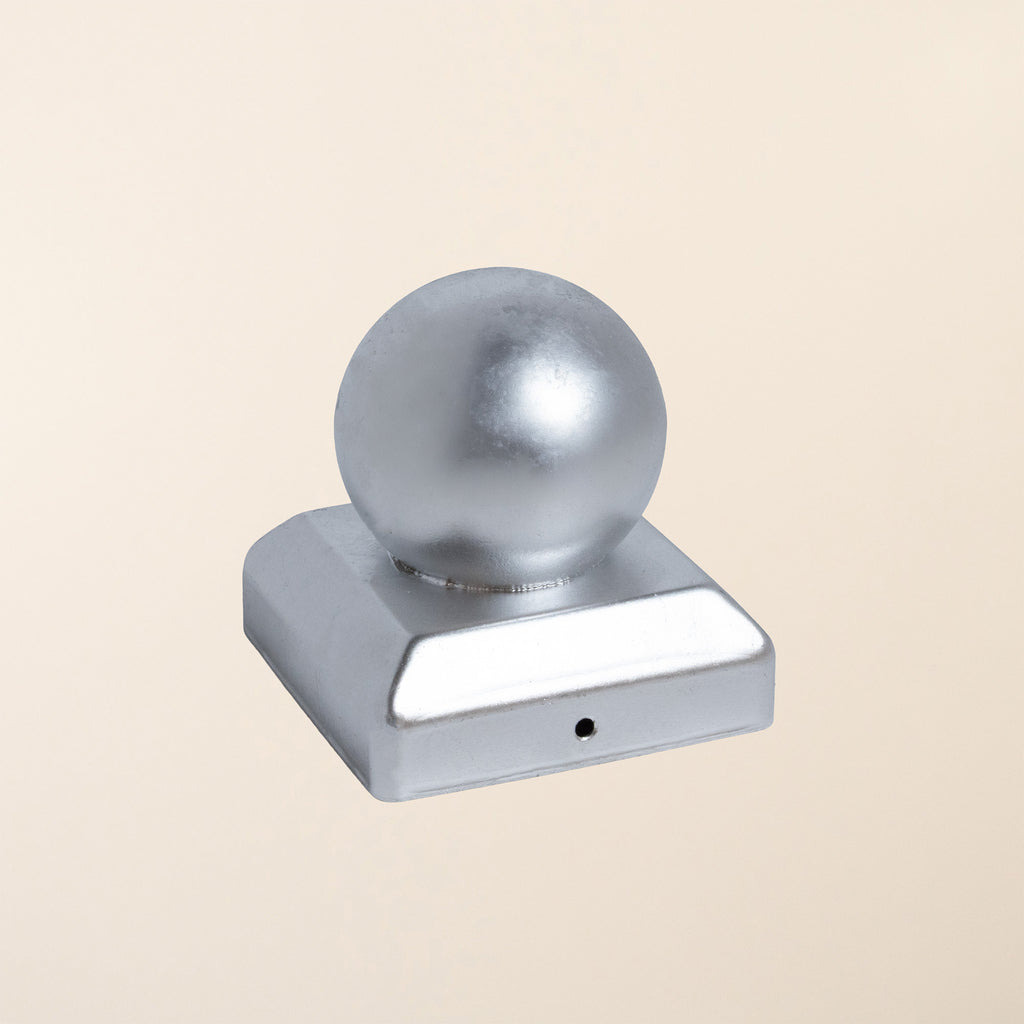 Galvanised metal post cap with decorative ball finial, designed to fit 100mm square posts 