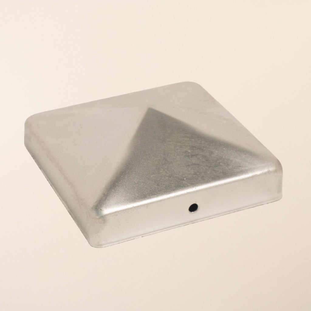 100mm Pyramid Galvanised Post Cap - Metal protective cap with pyramid design for 4-inch timber posts 