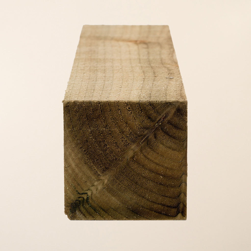 1.8m treated timber post with 100mm x 100mm square profile showing full length view with green pressure treatment and rough sawn texture 