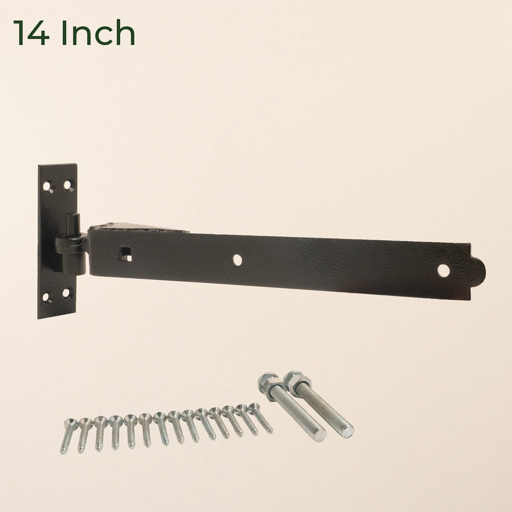 Pair of 14 inch Epoxy Black Adjustable Bands and Hooks with screws and bolts, displaying metal hardware designed for gate hanging and adjustment 