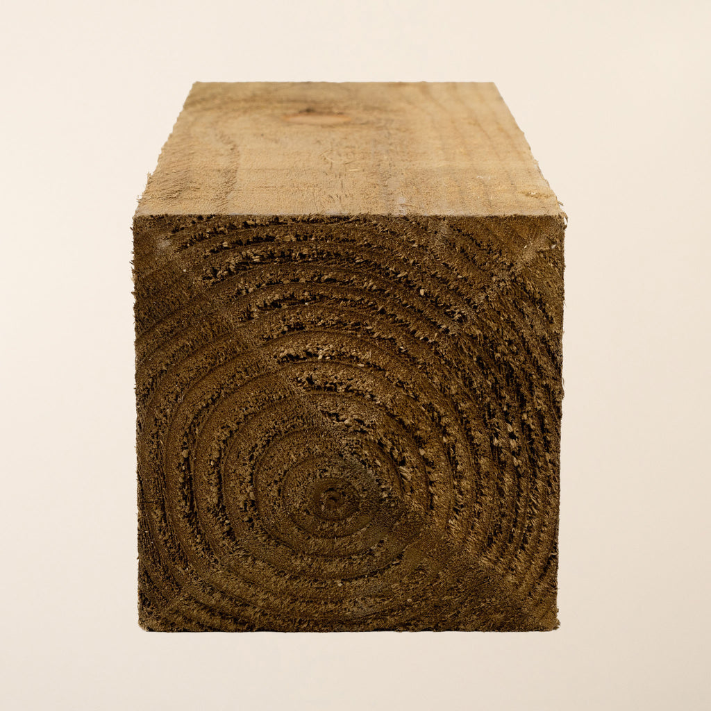 3.6m (12ft) Treated Gate Post measuring 150mm x 150mm (6" x 6"), showing the rough sawn finish and green pressure treatment that provides UC4 ground contact protection for maximum durability 