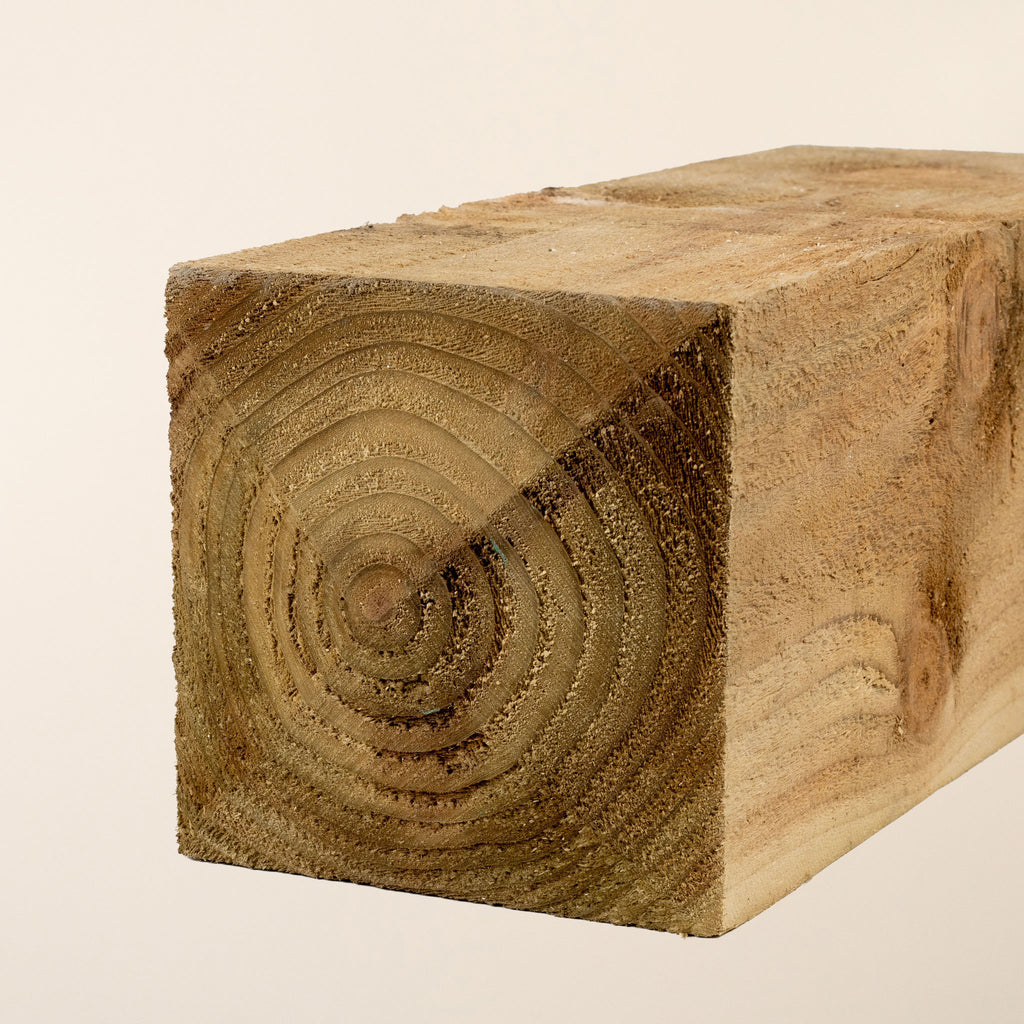 Close-up of 2.4m Gate Post end grain showing 175mm x 175mm square profile and deep pressure treatment penetration for UC4 ground contact rating 
