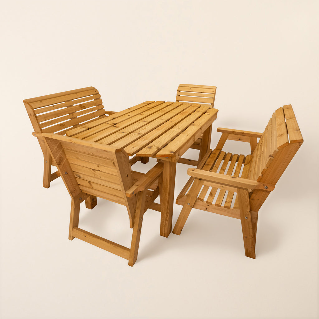 Studio shot of our 6 Person Ruby Outdoor Furniture Combo, with 2 benches and 2 chairs 