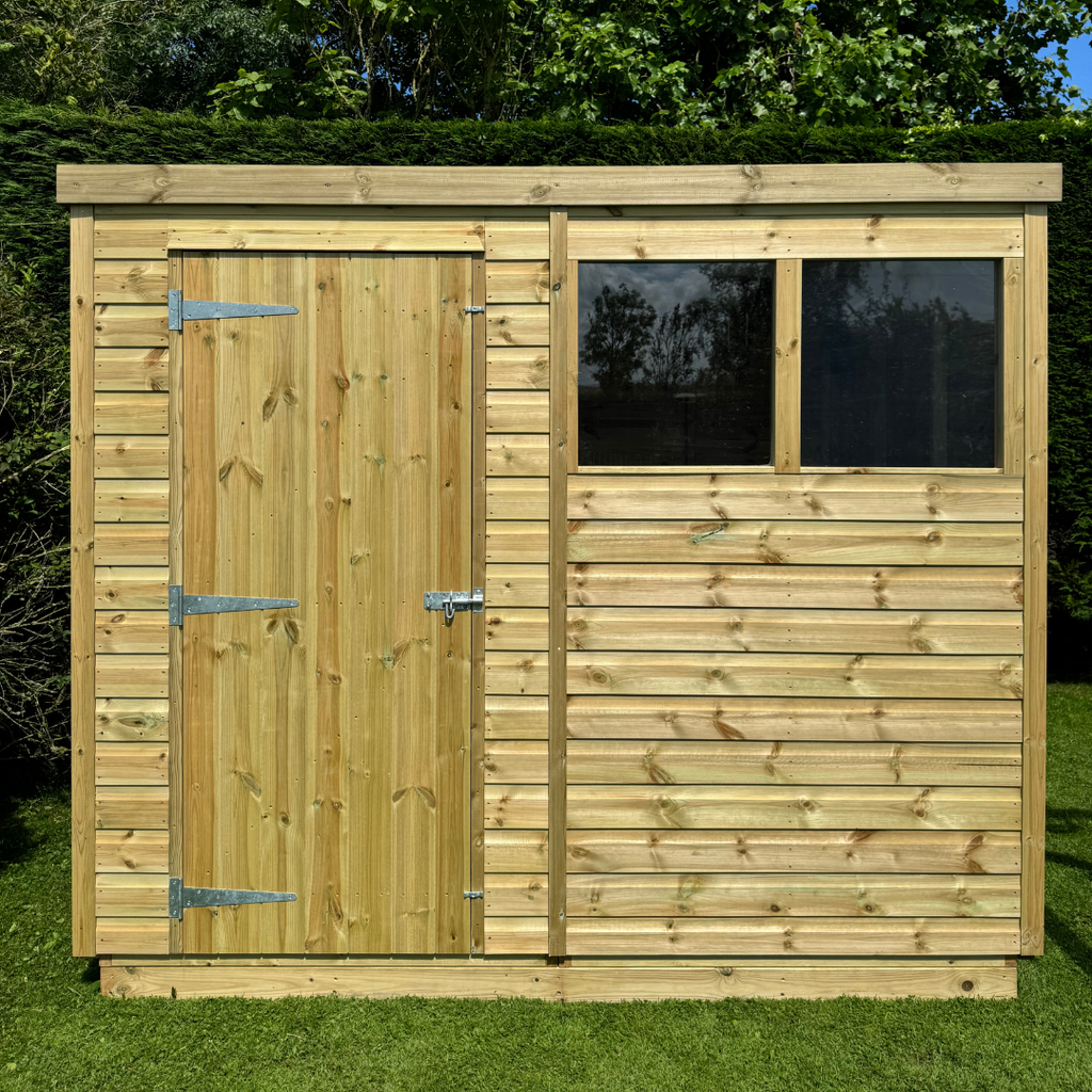 Premium Pent Shed with fully pressure treated timber, featuring sloped roof design and quality construction 