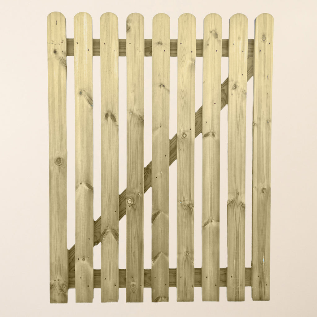 4ft x 3ft treated wooden picket garden gate with round top pickets, featuring pressure-treated softwood construction with 75mm x 22mm picket pales, smooth planed finish, and traditional design ideal for garden entrances 