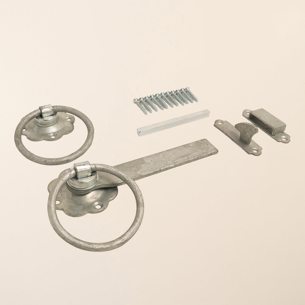 6-inch Straight Ring Latch in galvanized finish, showing the complete hardware set with mounting plate, ring handle, and catch mechanism for garden gates and doors 