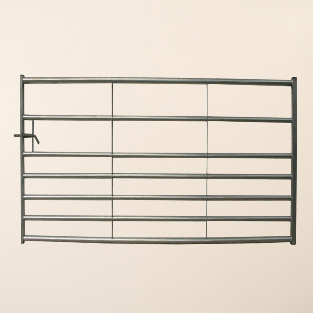 IAE 7 Bar Galvanised Metal Gate featuring robust steel construction with 50mm square hanging stile and horizontal rails, designed for agricultural and field use. 