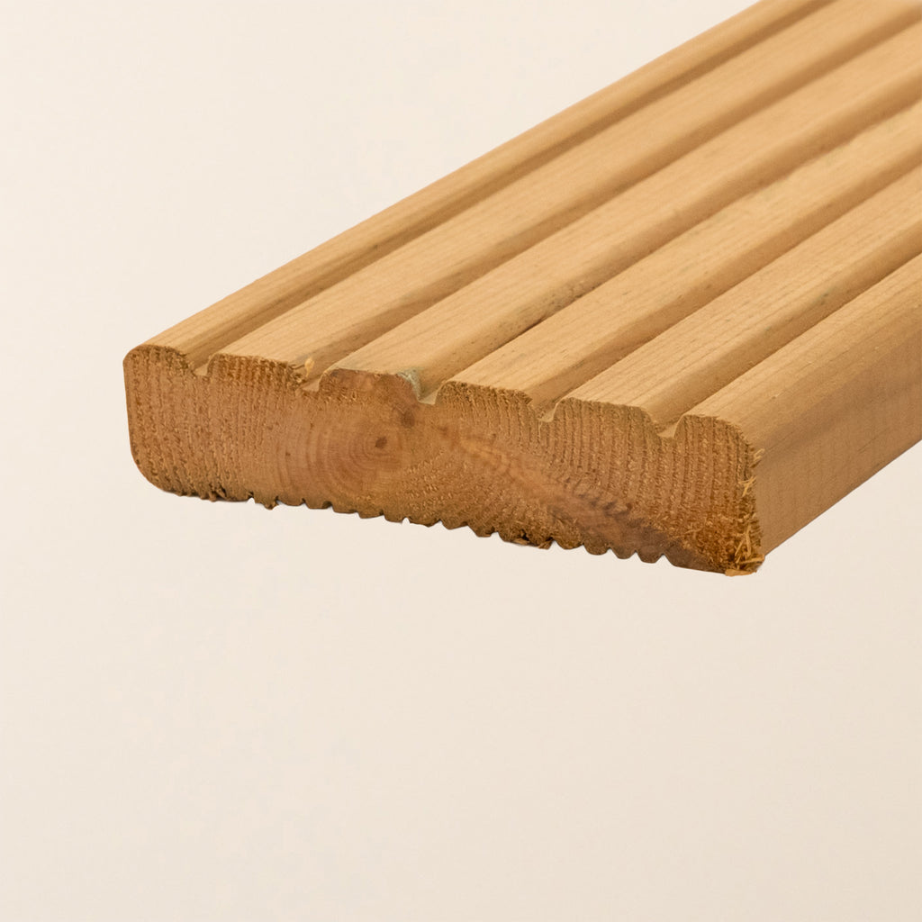 Close-up of Standard Decking Boards showing 94mm x 21mm dimensions 