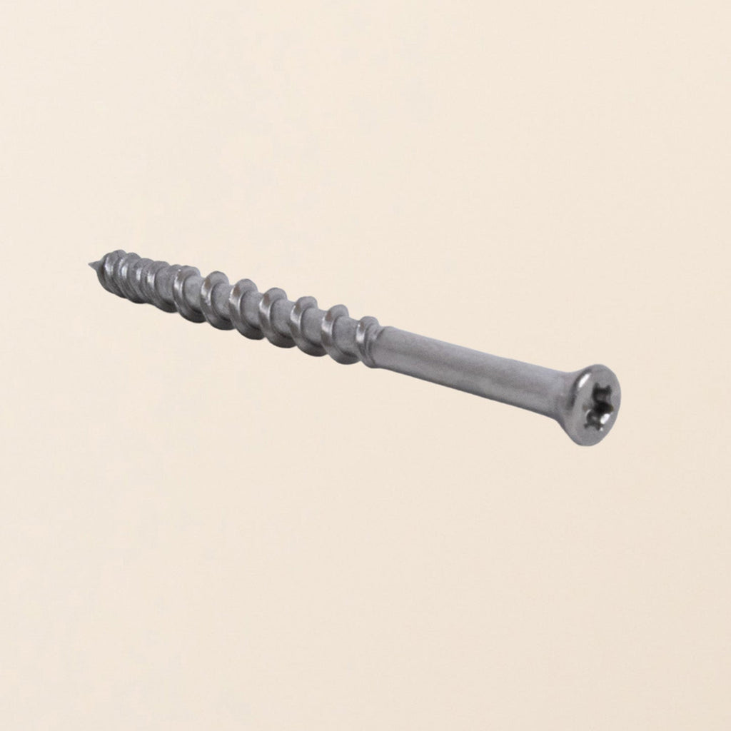 Tongue-Tite Plus Cladding Screws in stainless steel, showing the 200-count box packaging and the specialized screws designed for tongue and groove flooring and cladding installation 