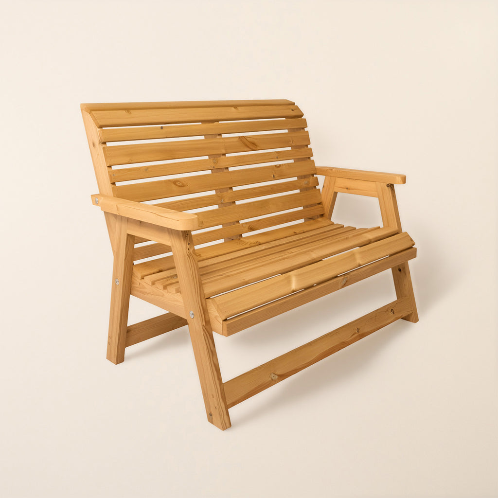 Studio shot of our Ruby Garden Bench, showing the bench from an angle 