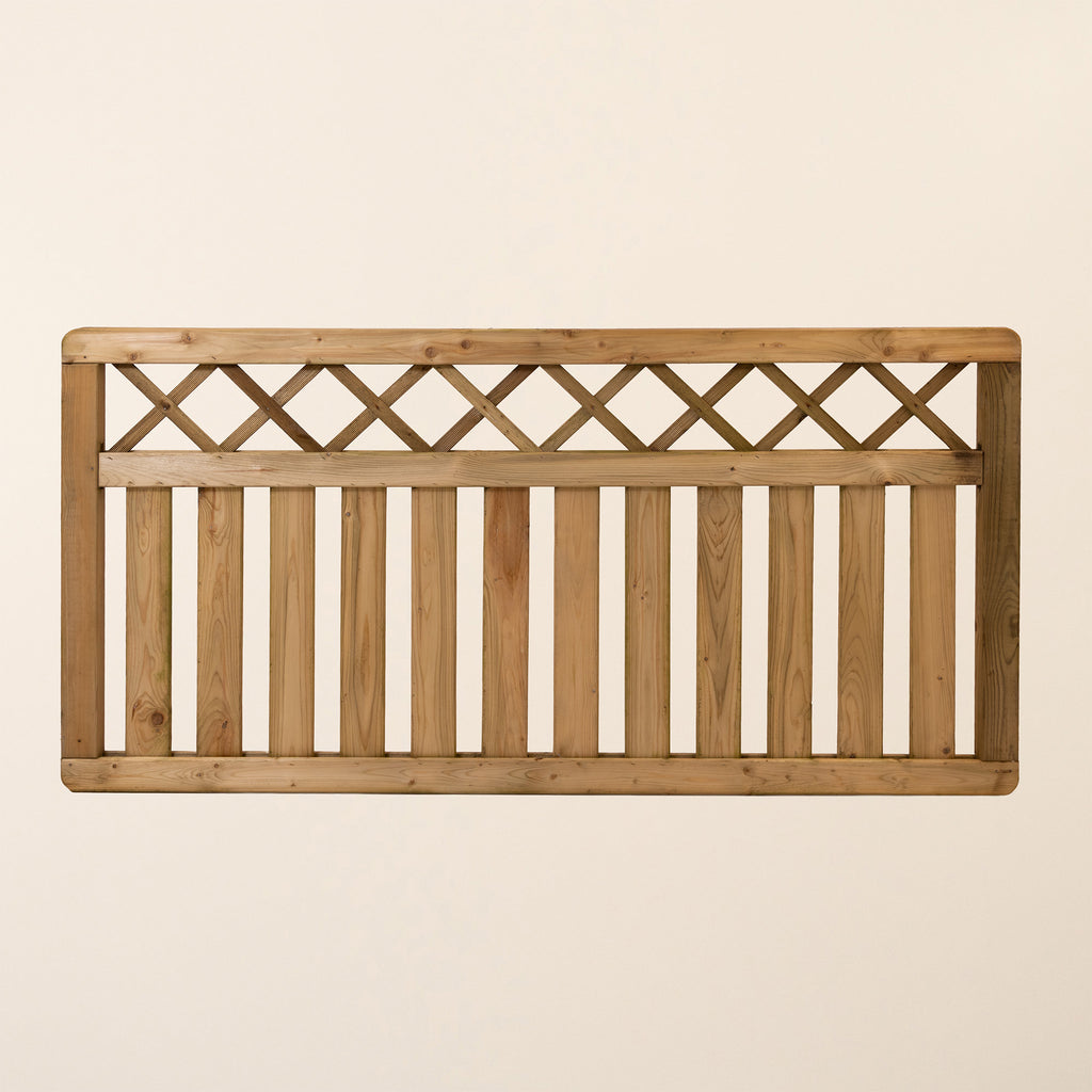 Front view of wooden cross top fence panel 