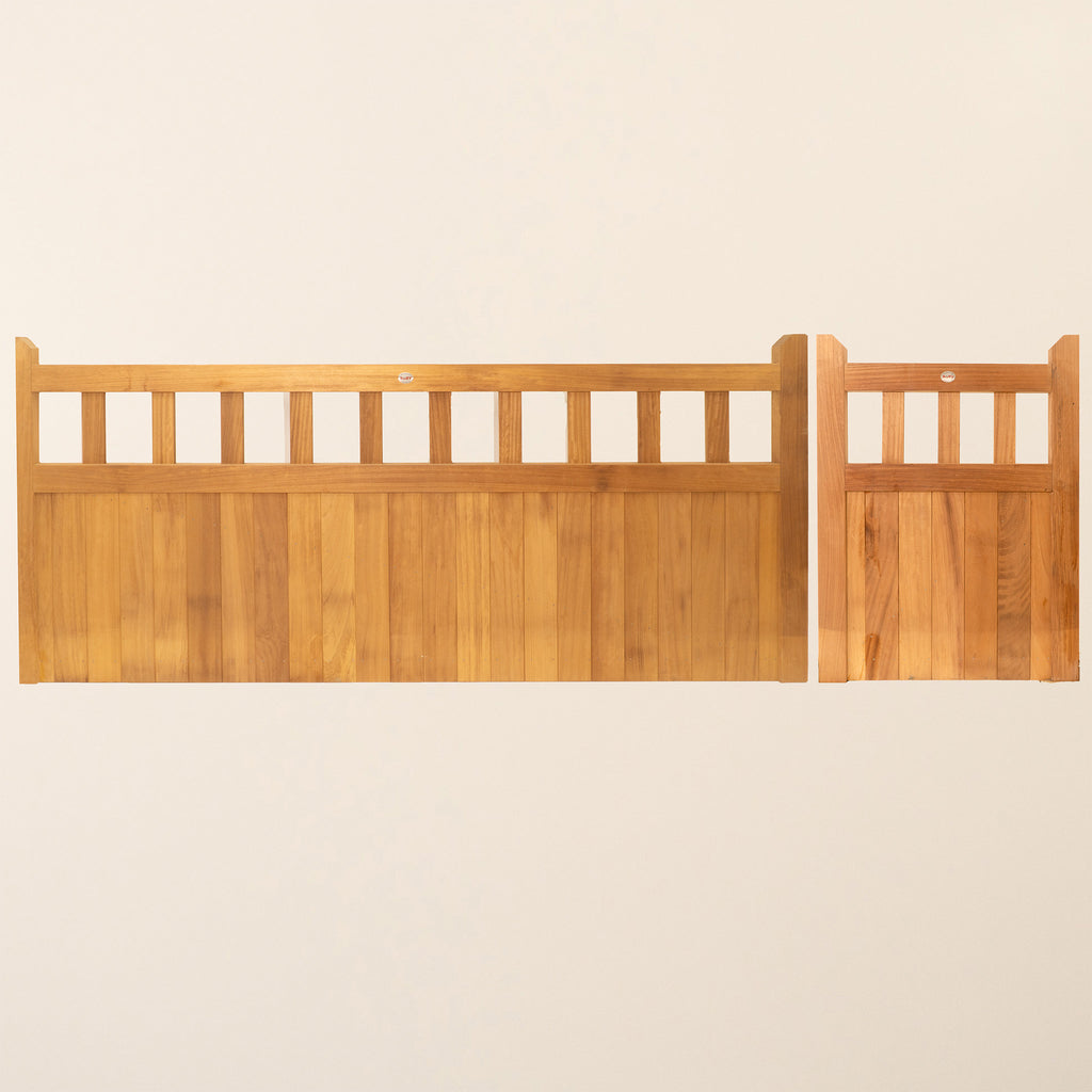 Iroko Cottage Mortise & Tenon 3/4 1/4 Entrance gates shown as a pair from the front, featuring vertical tongue and groove panels made from premium West African Iroko hardwood with traditional cottage-style design 