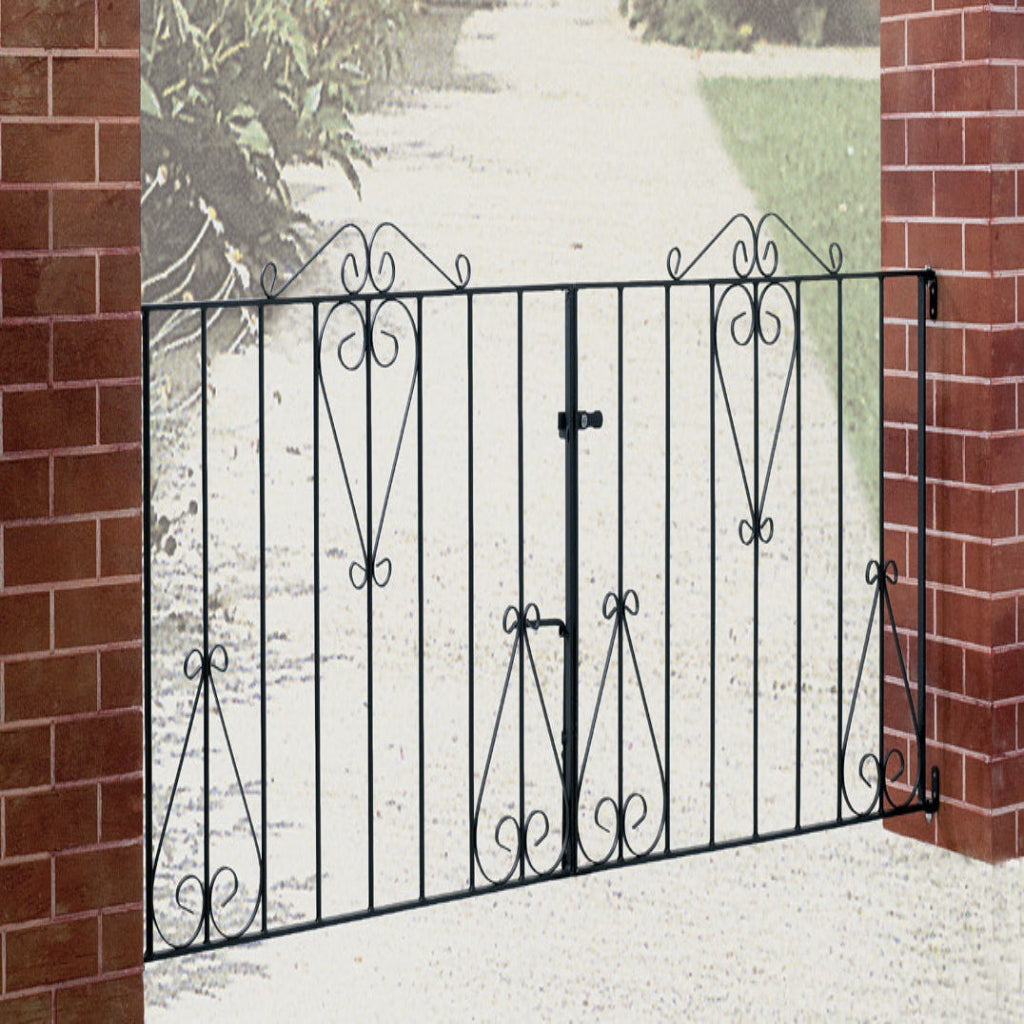Callington black flat top driveway gate with decorative scrollwork, solid steel construction with powder coating for weather resistance 