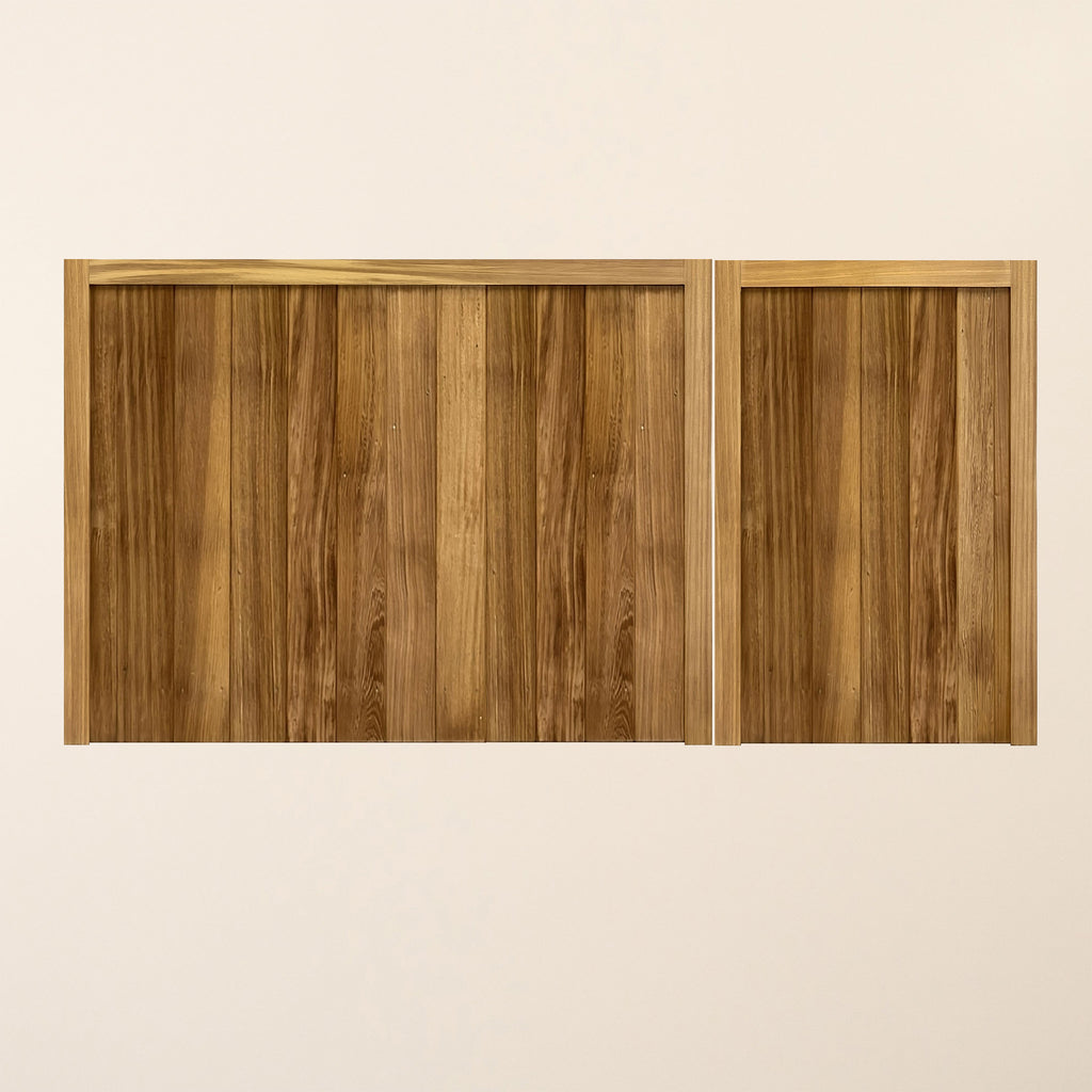 Pair of Iroko Croyde entrance gates with 3/4 and 1/4 split design featuring mortise and tenon joinery 