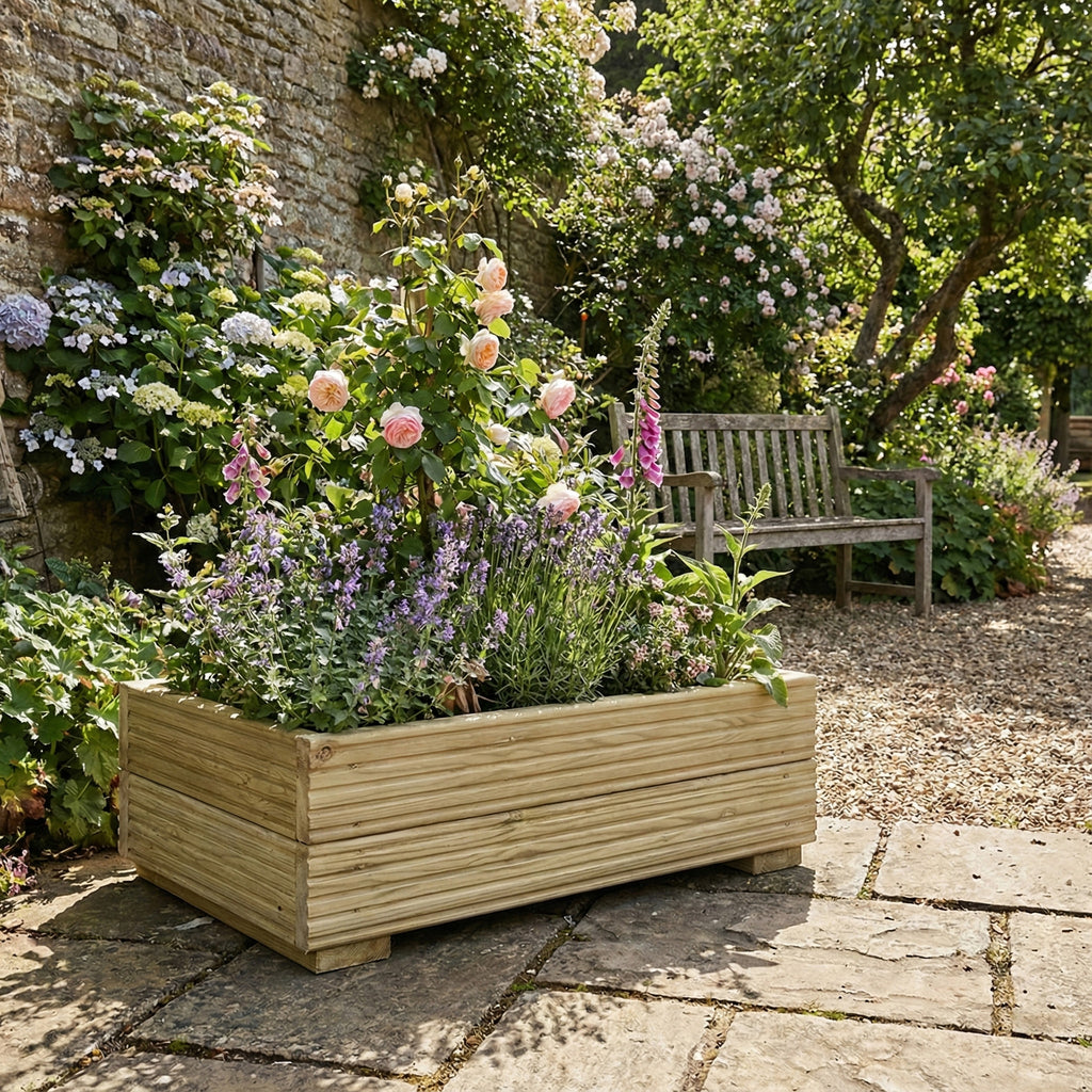Lifestyle shot of planter installed in garden setting 