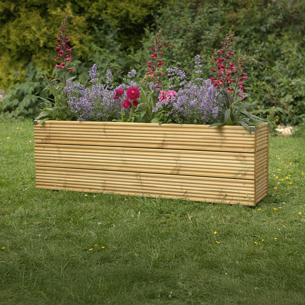 Large Deluxe Decking Planter shown from front angle, displaying premium horizontal wooden slats and generous container dimensions 