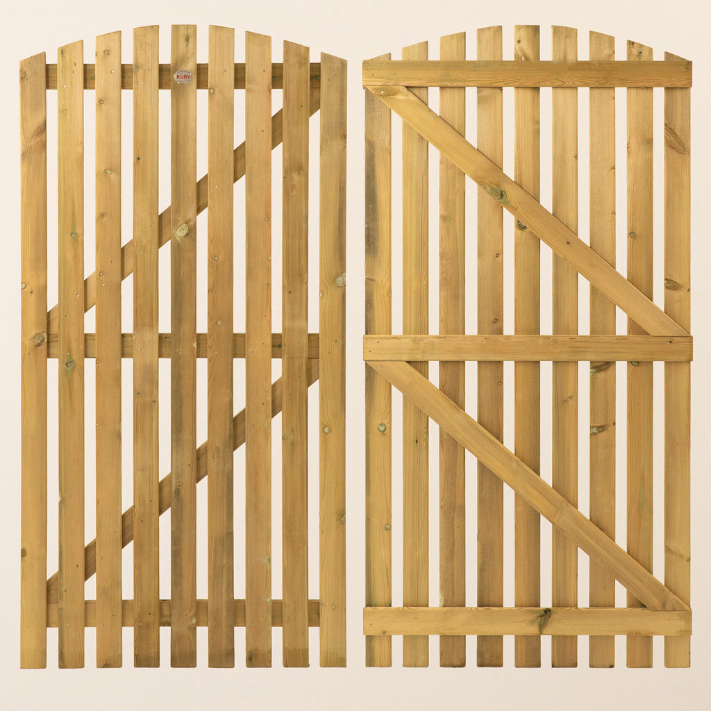 Front and back view of 6ft x 3ft Premium Curved Top Picket Gate showing the elegant curved top design with evenly spaced pickets on the front and sturdy horizontal bracing on the back 