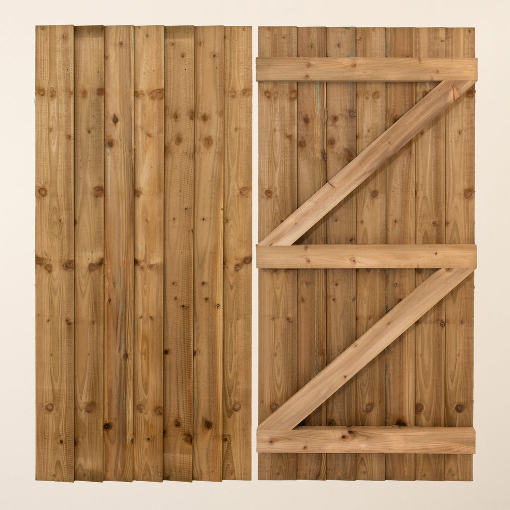 Falmouth Featheredge Side Gate, 1.5m high, showing front and back views of the wooden garden gate with vertical featheredge boards 