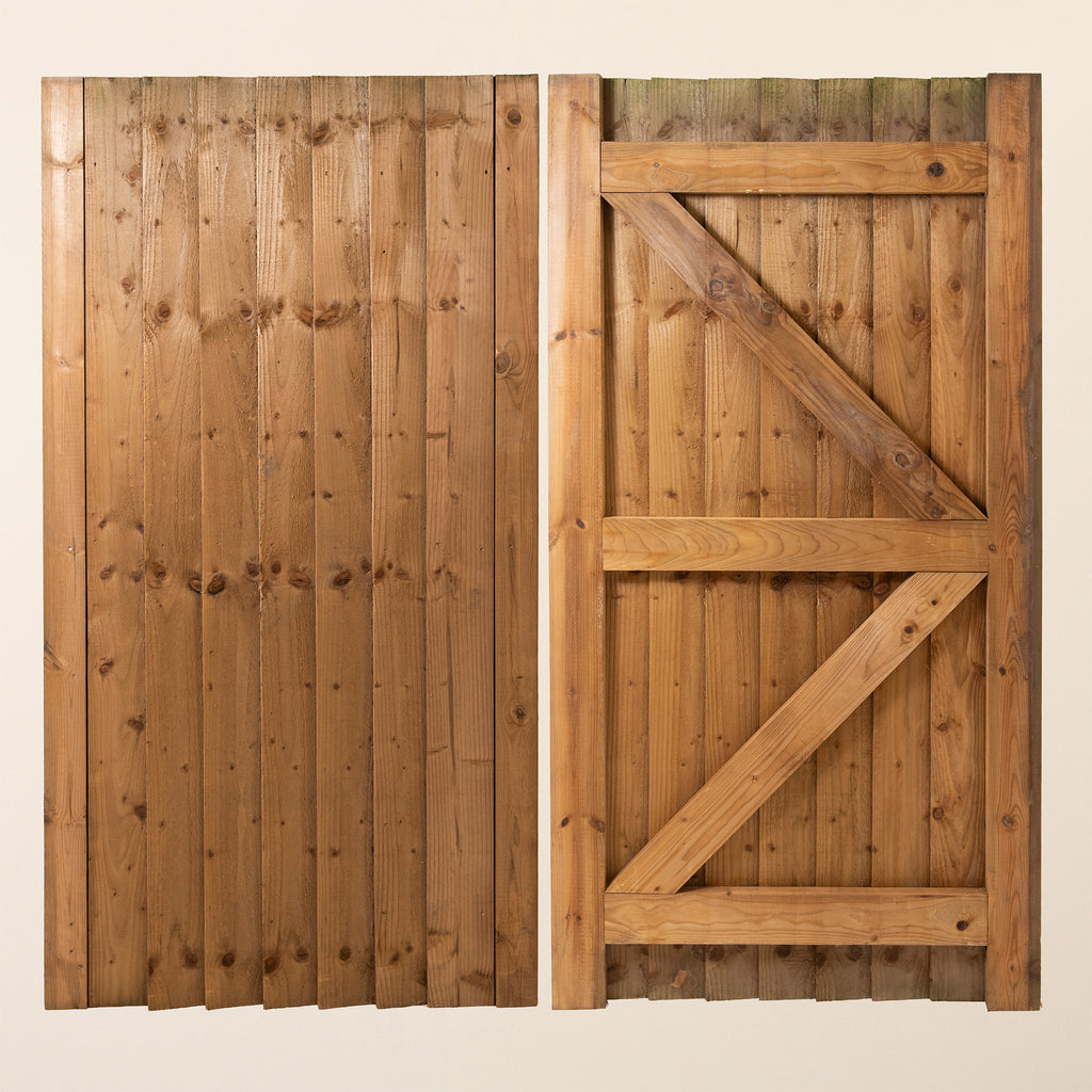 Featheredge Garden Gate - Front and back view of green/brown pressure-treated left-hang gate 