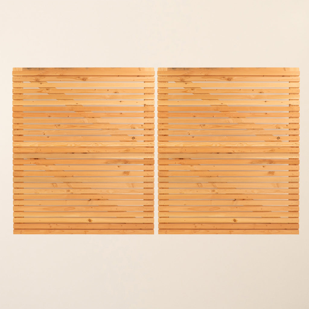 Larch Slatted Gates Pair shown from the front, featuring horizontal 44mm x 19mm planed slats with 16mm gaps between them, crafted from home-grown larch timber for a contemporary garden entrance 