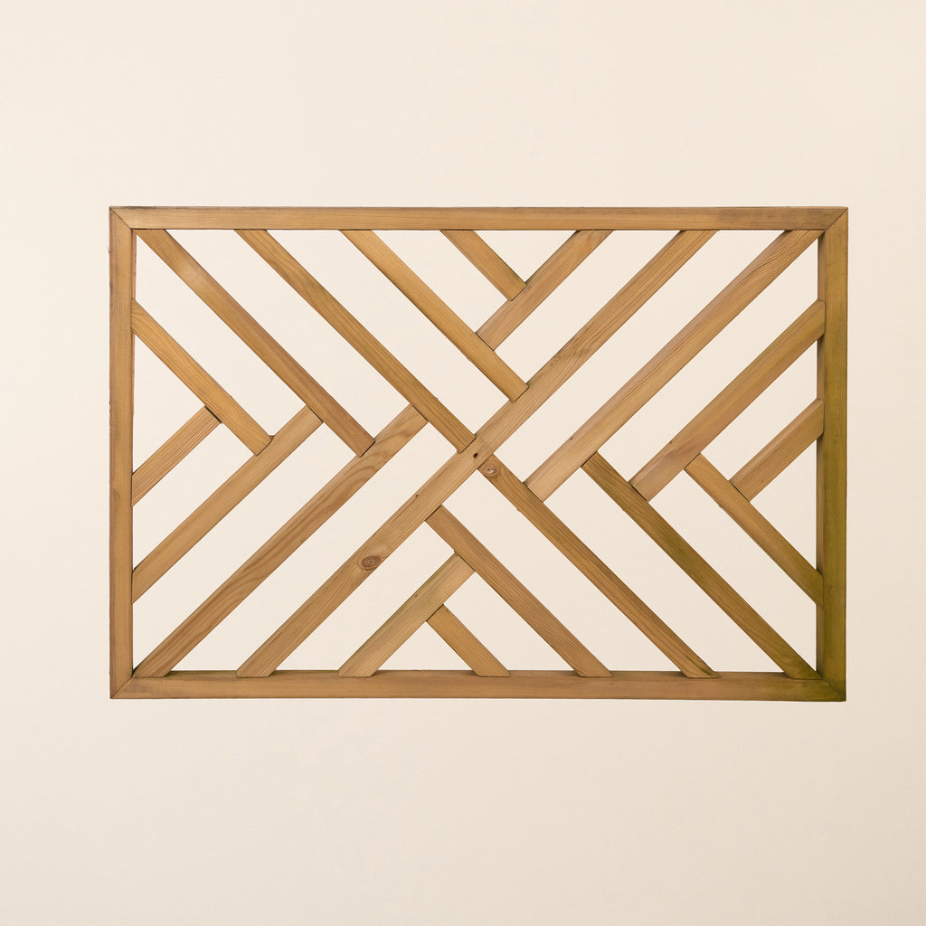 Front view of wooden cross hatch decking panel 