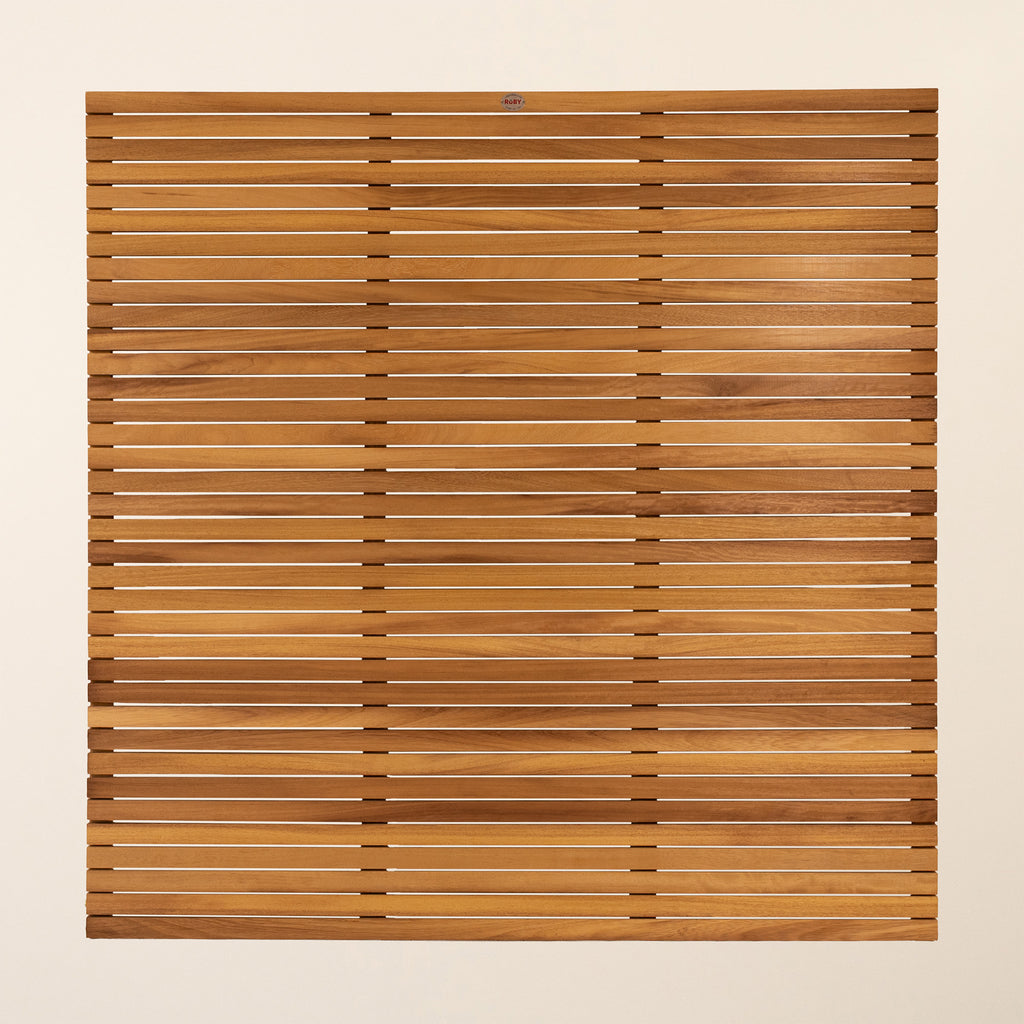 Front view of Iroko slatted fence panel with 6mm spacing 