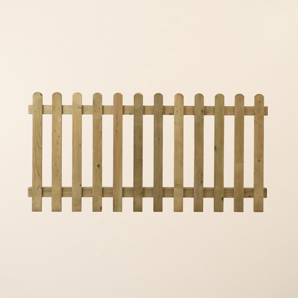 Wooden Picket Panel fence section shown in full view, displaying classic vertical picket design with curved tops 