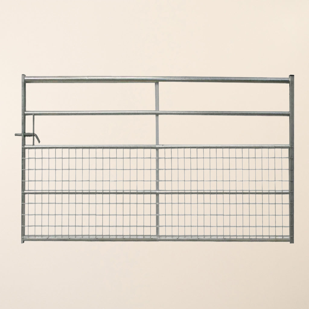 IAE 5 Rail Half Meshed Metal Gate shown from front, featuring durable galvanized steel construction with solid rails on bottom half and 75mm x 75mm mesh on upper section 