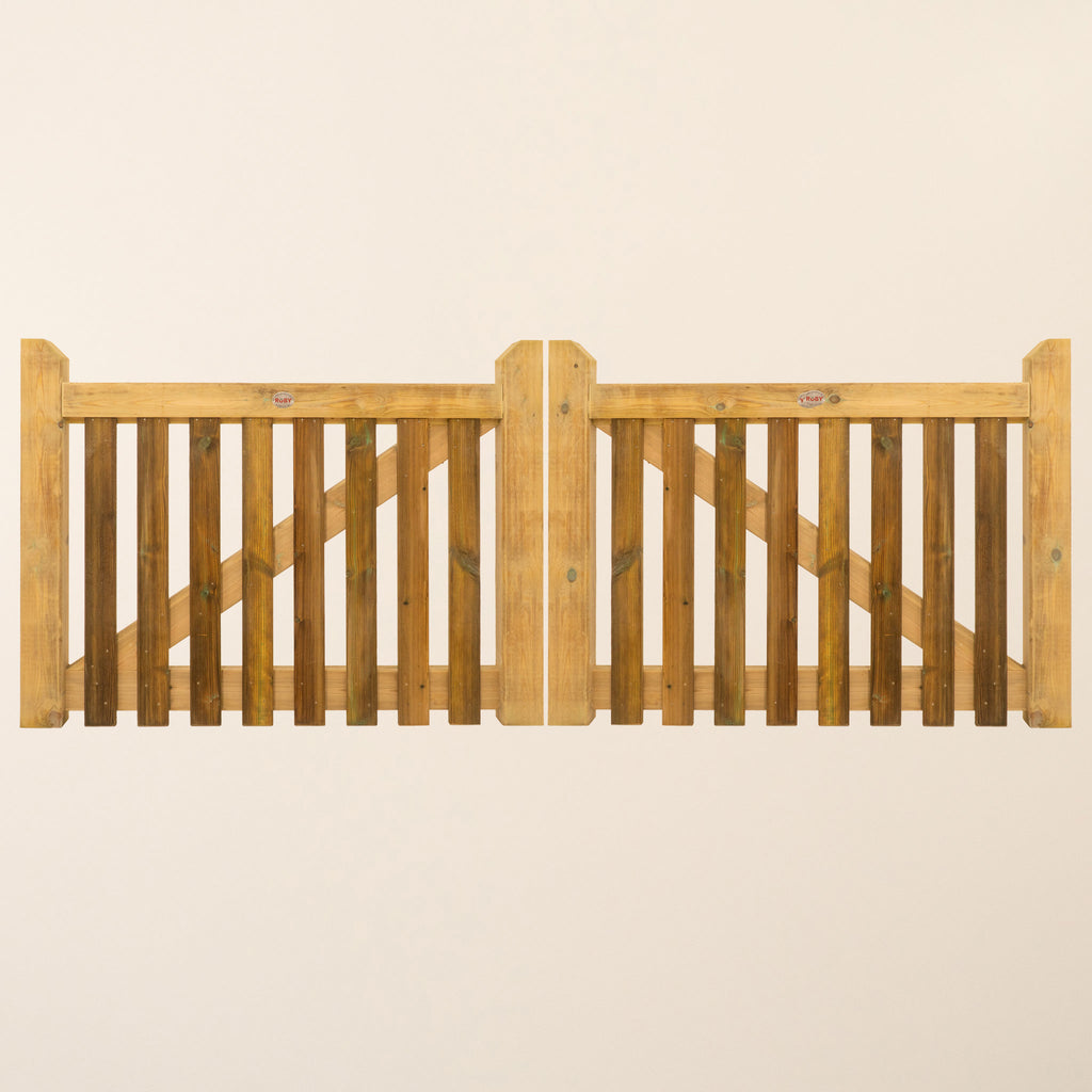 Pressure Treated Salcombe Mortise & Tenon Gates shown as a complete pair, featuring traditional wooden craftsmanship with solid frame construction 