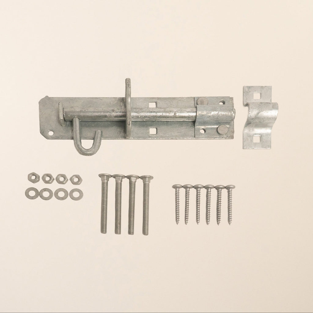 Gatemate Brenton Bolt made from galvanised steel, available in 4-inch and 6-inch lengths with 1/2-inch diameter, featuring padlockable design for security and including all mounting hardware for garden gates and garage doors 