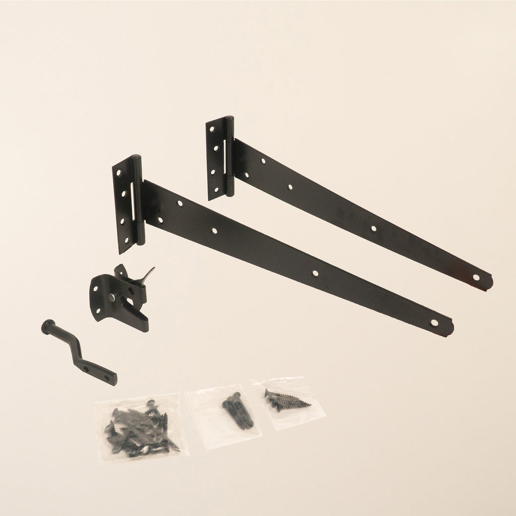 Gatemate Pedestrian Gate Tee Hinge Kit containing a pair of 14-inch tee hinges, automatic gate latch, and all necessary fixings, shown in epoxy black finish for garden gate installation 
