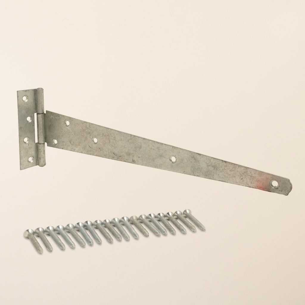 Galvanized medium tee hinge shown with included mounting screws, featuring T-shaped design with material thickness between 1.8-2.5mm, available in sizes from 10 to 24 inches for gates and doors 
