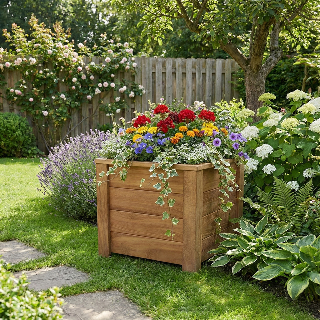 Lifestyle picture of planter installed in garden setting with flowers 
