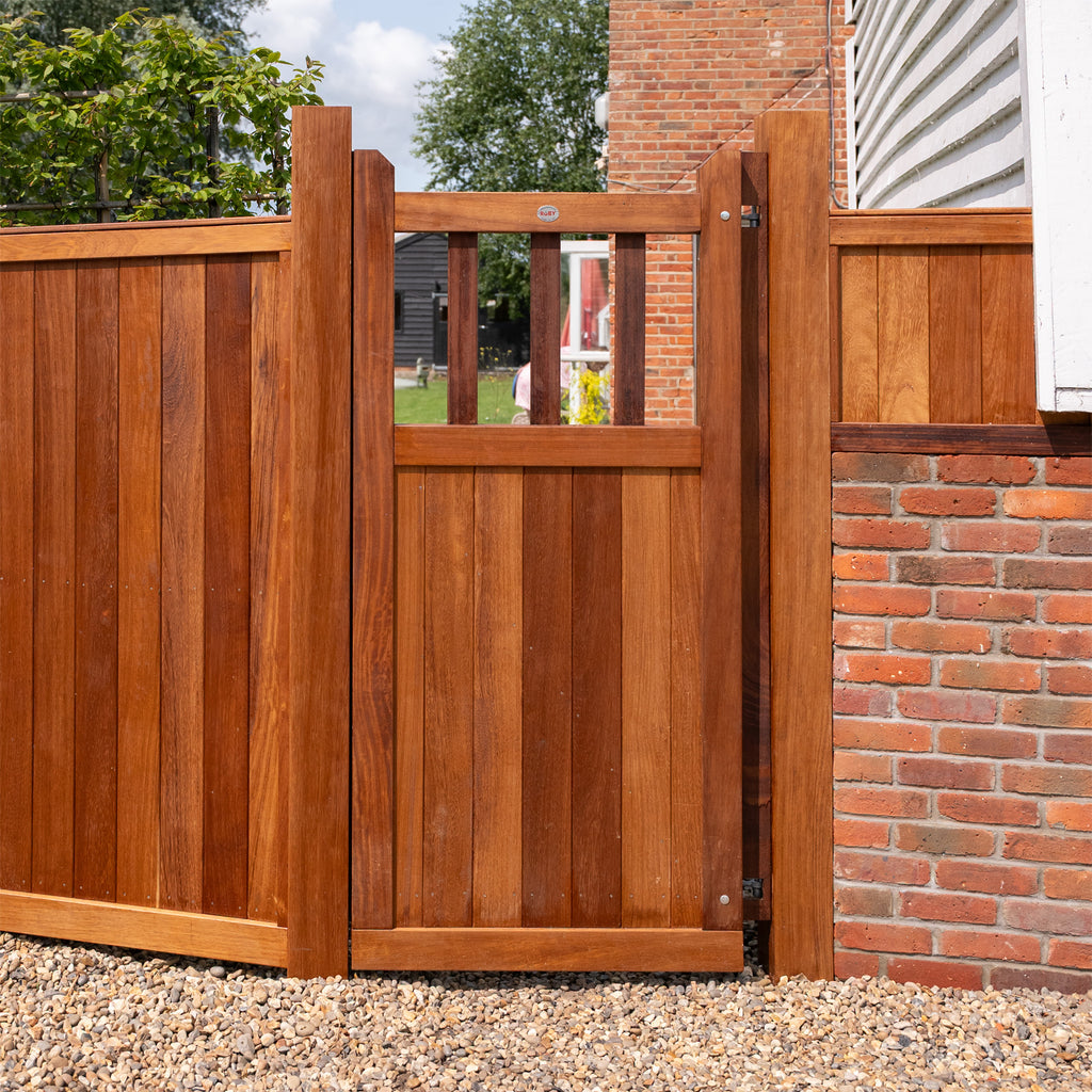 Lifestyle shot of an Iroko side gate 