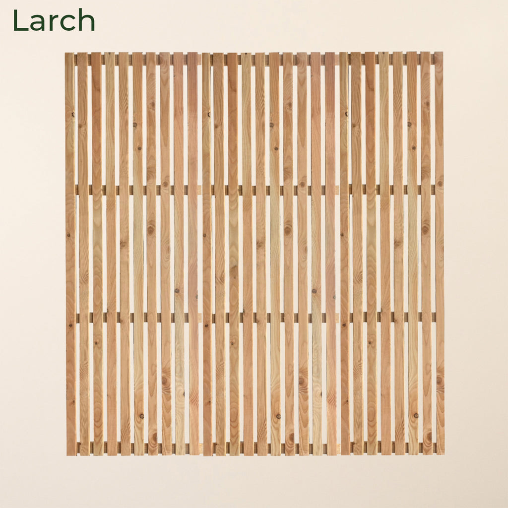 Larch Slatted Fence Panel with vertical orientation, featuring 44mm x 19mm planed slats with 16mm gaps between them, creating a modern and elegant garden boundary solution 