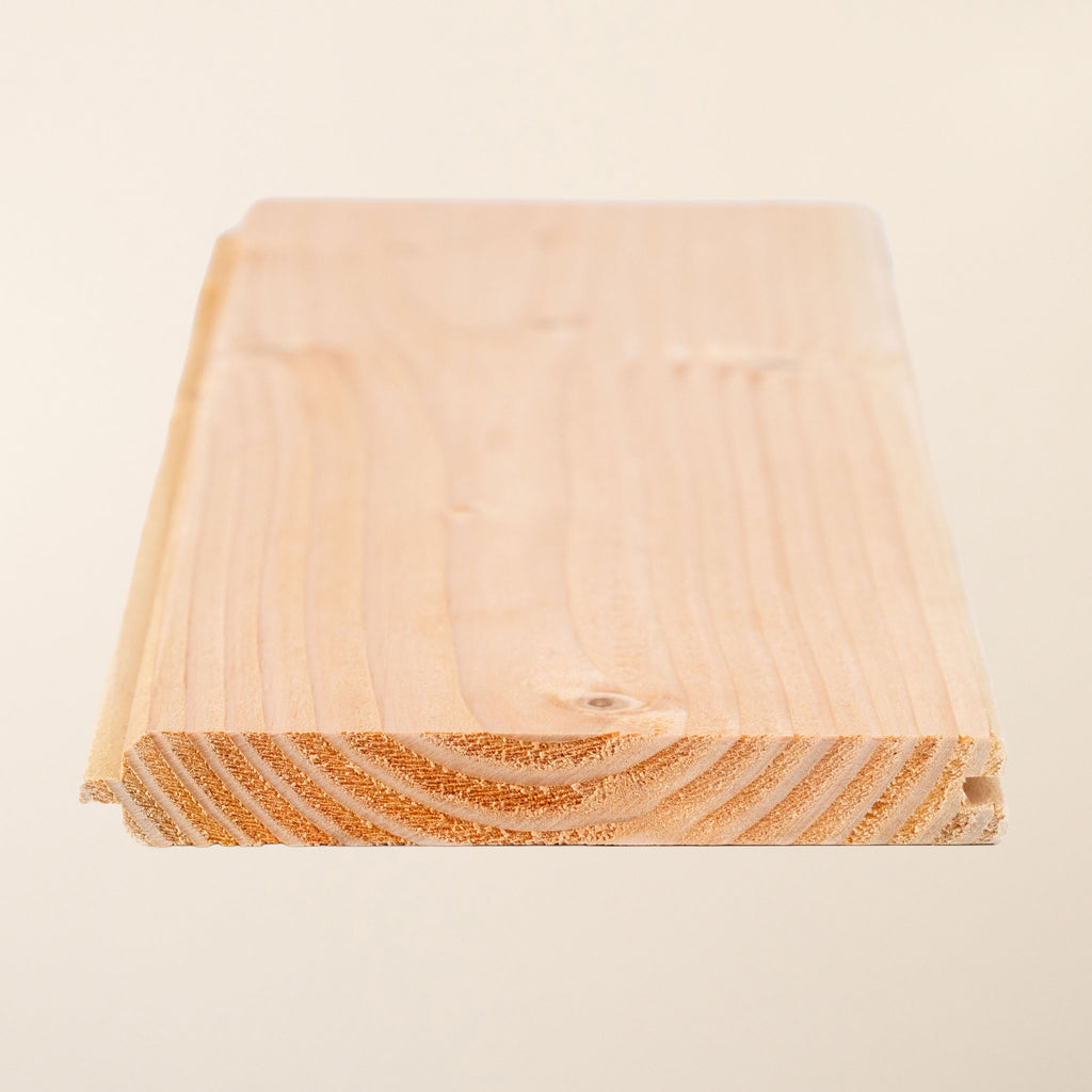 British Larch Tongue and Groove boards measuring 145mm x 19mm, displaying the precision-milled profile and natural wood grain 