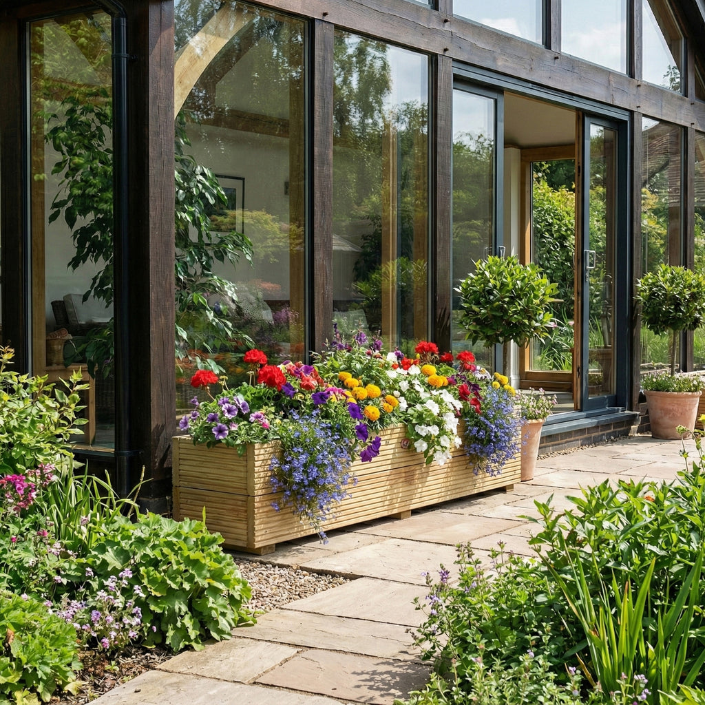 Lifestyle image of large decking planter installed in garden 