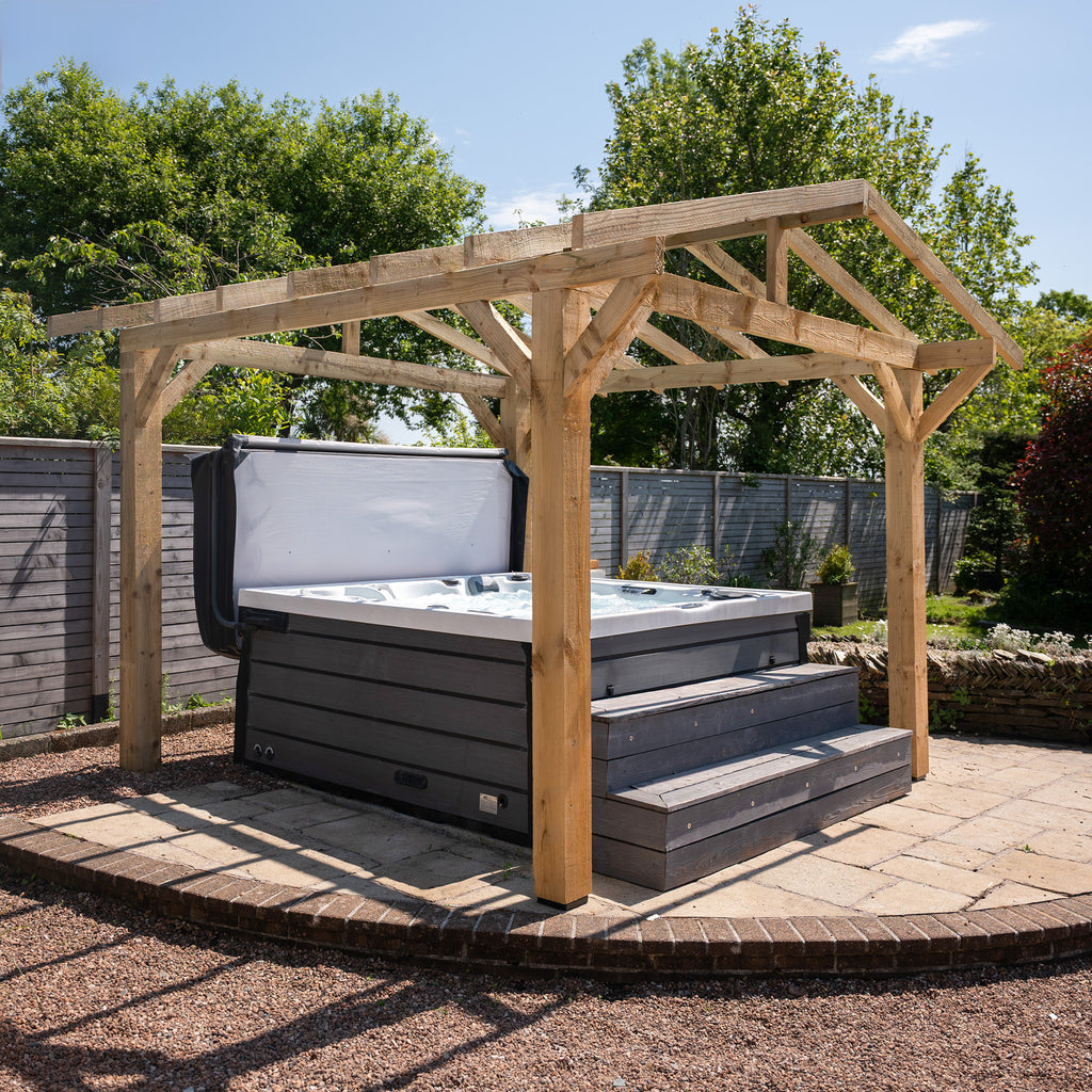Wooden Pergola with Open Roof design, featuring apex structure and decorative overhang, shown in full view 