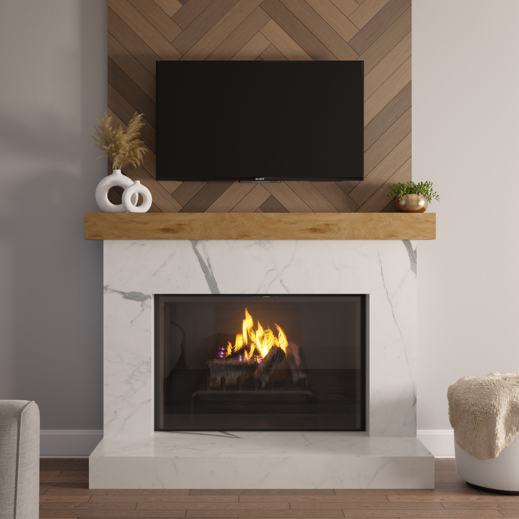 Solid oak fireplace mantel with natural finish 