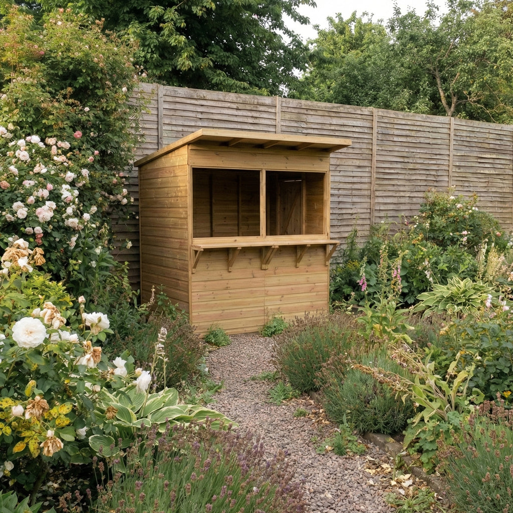 Pub shed installed in a garden setting 