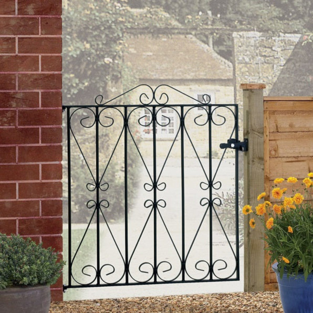 Roche flat top garden gate with sleek modern design, black powder coated solid steel construction for garden entrances and pathways 