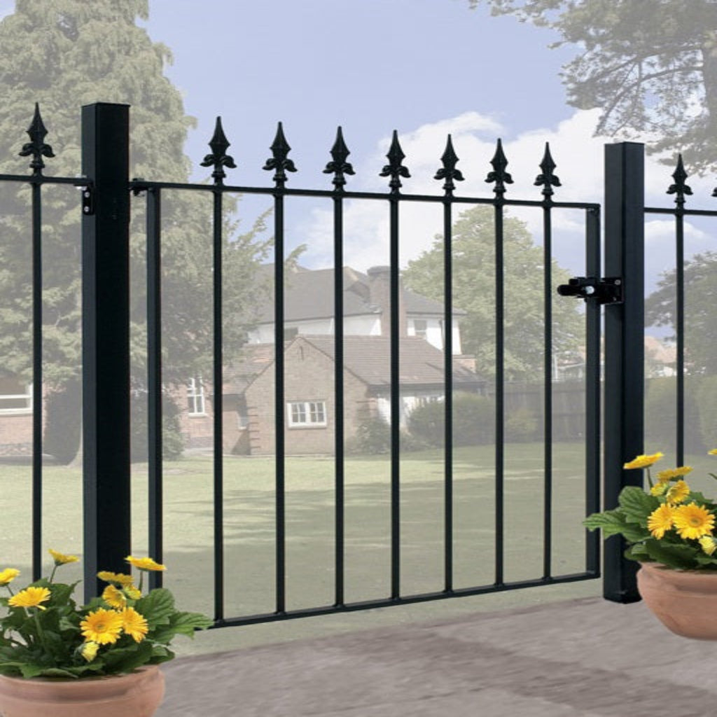 Saltash flat top garden gate with decorative spear finials, black powder coated solid steel construction for garden entrances and pathways 