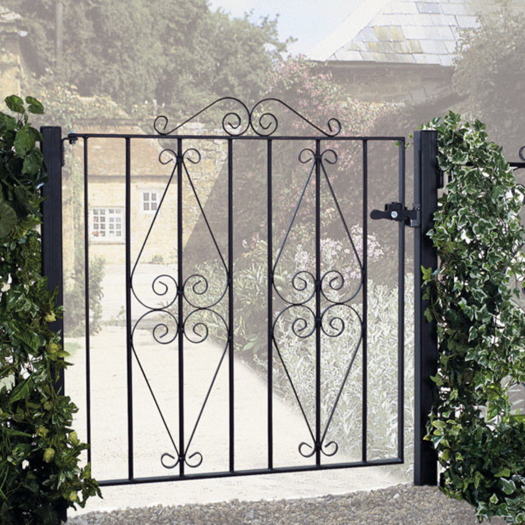 St Austell flat top garden gate with decorative scroll design, zinc plated finish, shown in full view 