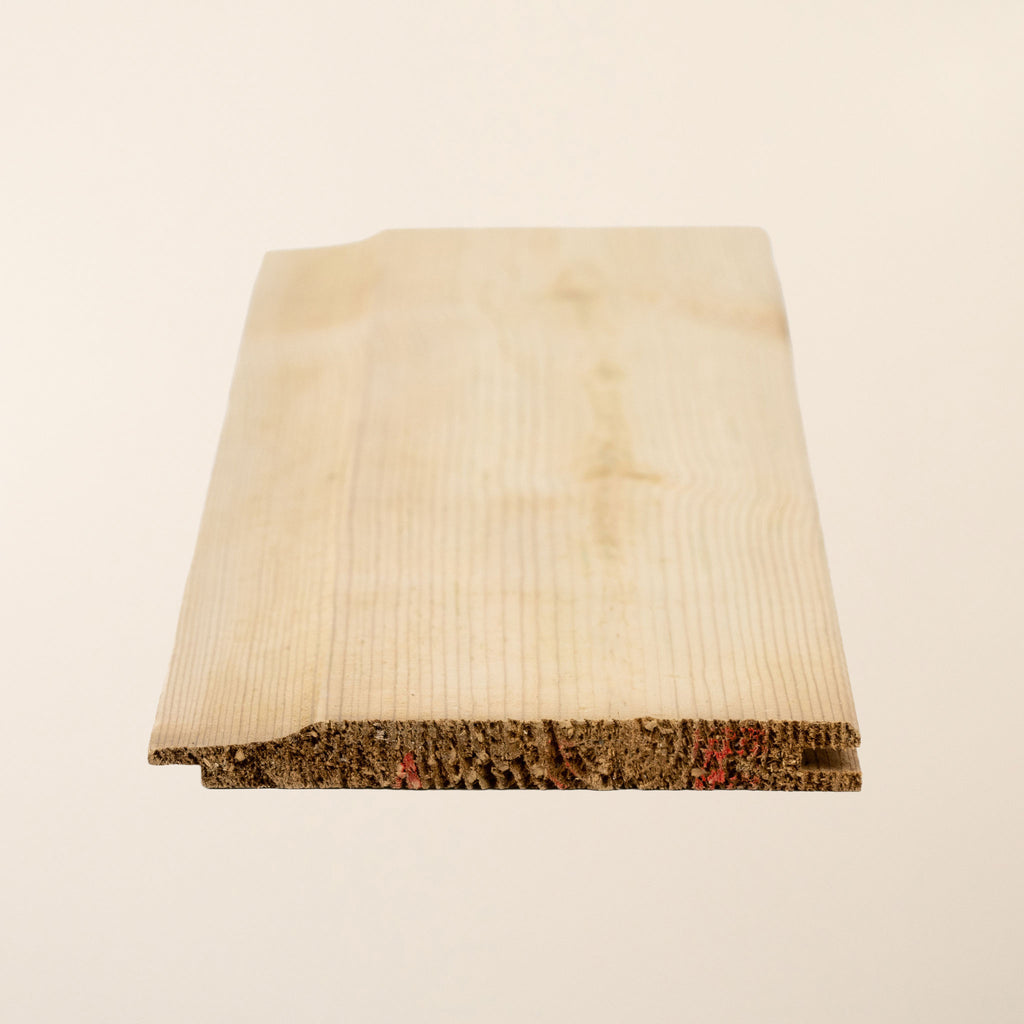 Close-up of Shiplap T&G Treated Redwood boards showing 121mm width and 14.5mm thickness with distinctive profile 