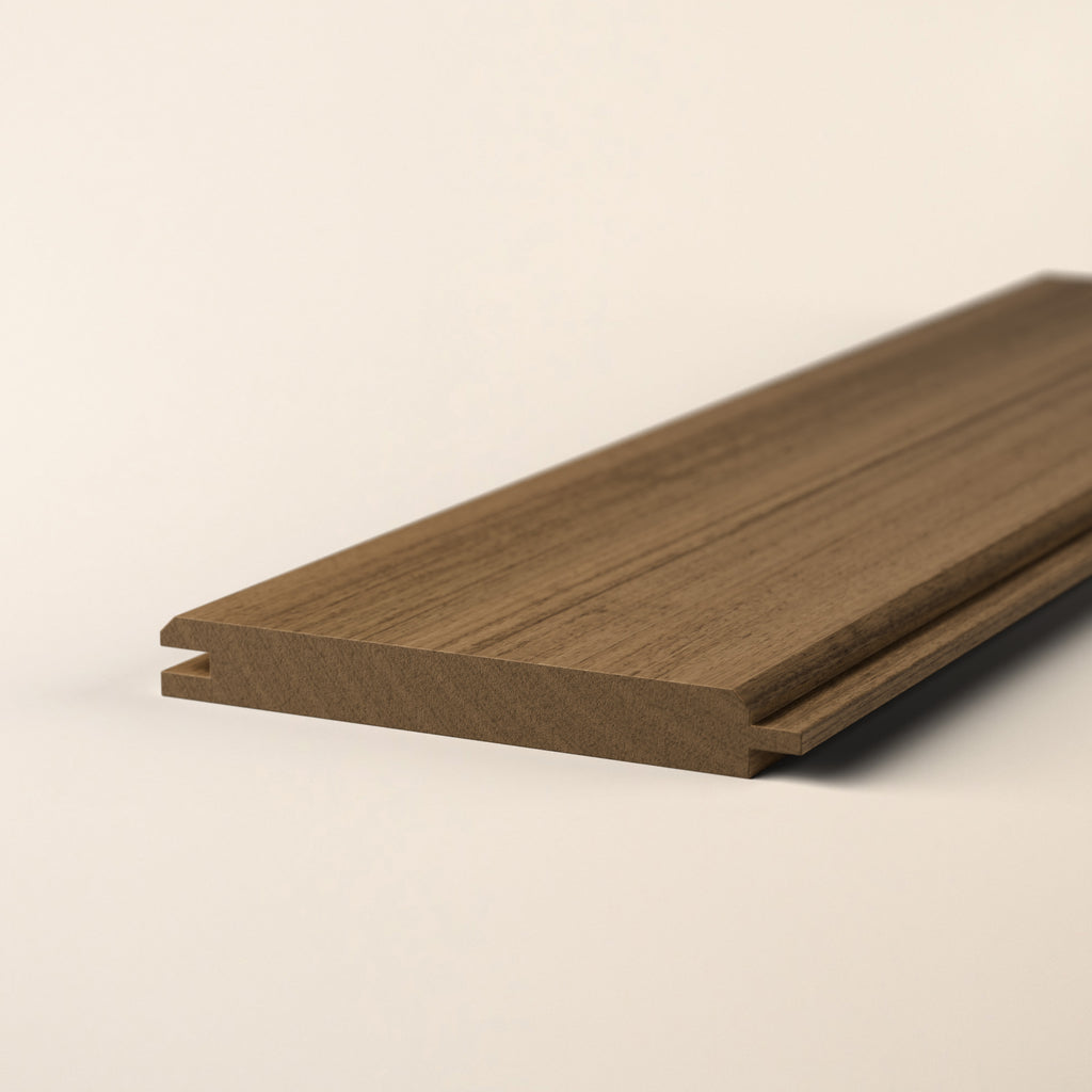 Iroko 144x19mm Tongue and Groove Cladding - Close-up showing rich golden-brown hardwood grain and planed finish 