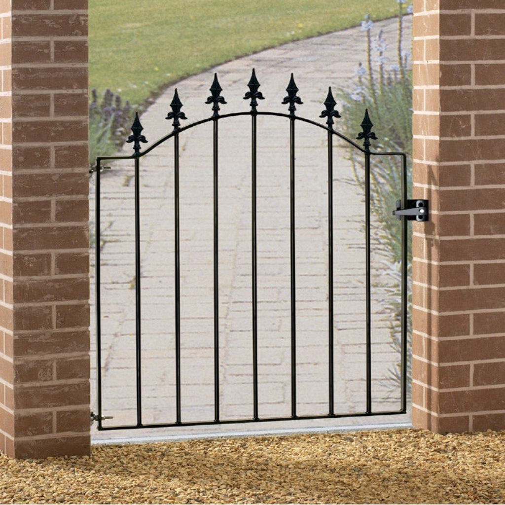 Saltash bow top garden gate with decorative spear finials, black powder coated solid steel construction for garden entrances and pathways 