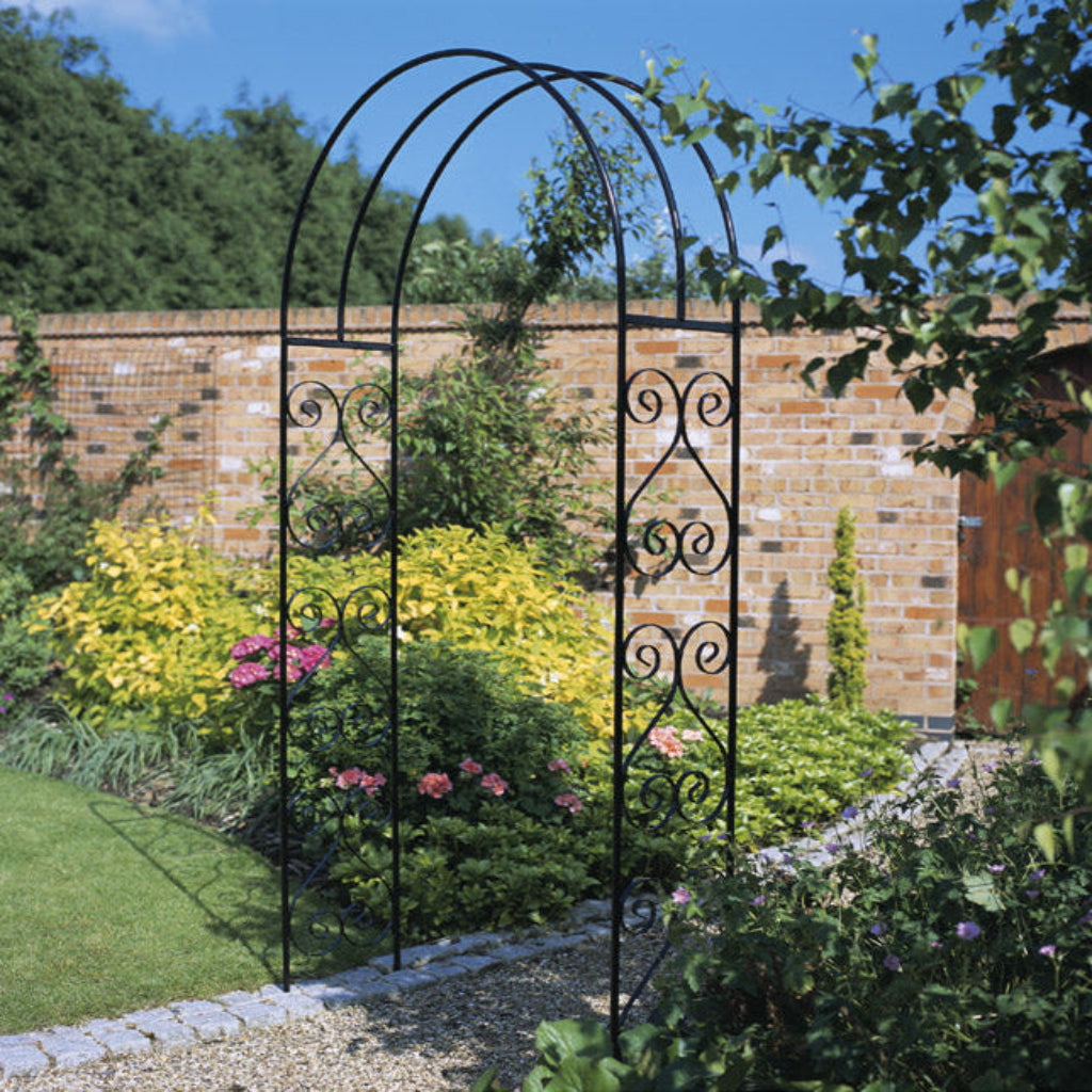 Mullion metal garden arch with elegant curved top design, black powder coated steel construction for garden entrances and pathways 