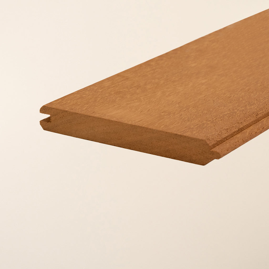 Iroko T&G cladding boards with golden-brown finish 