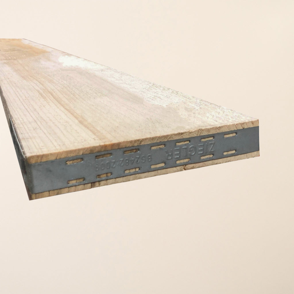 Wooden scaffold board measuring 13ft long with metal end bands, showing rough sawn surface and sturdy construction 